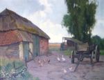 Verkocht.Noordijk.Willem Noordijk.1887-1970.Kippen en ganzen op boerenerf.